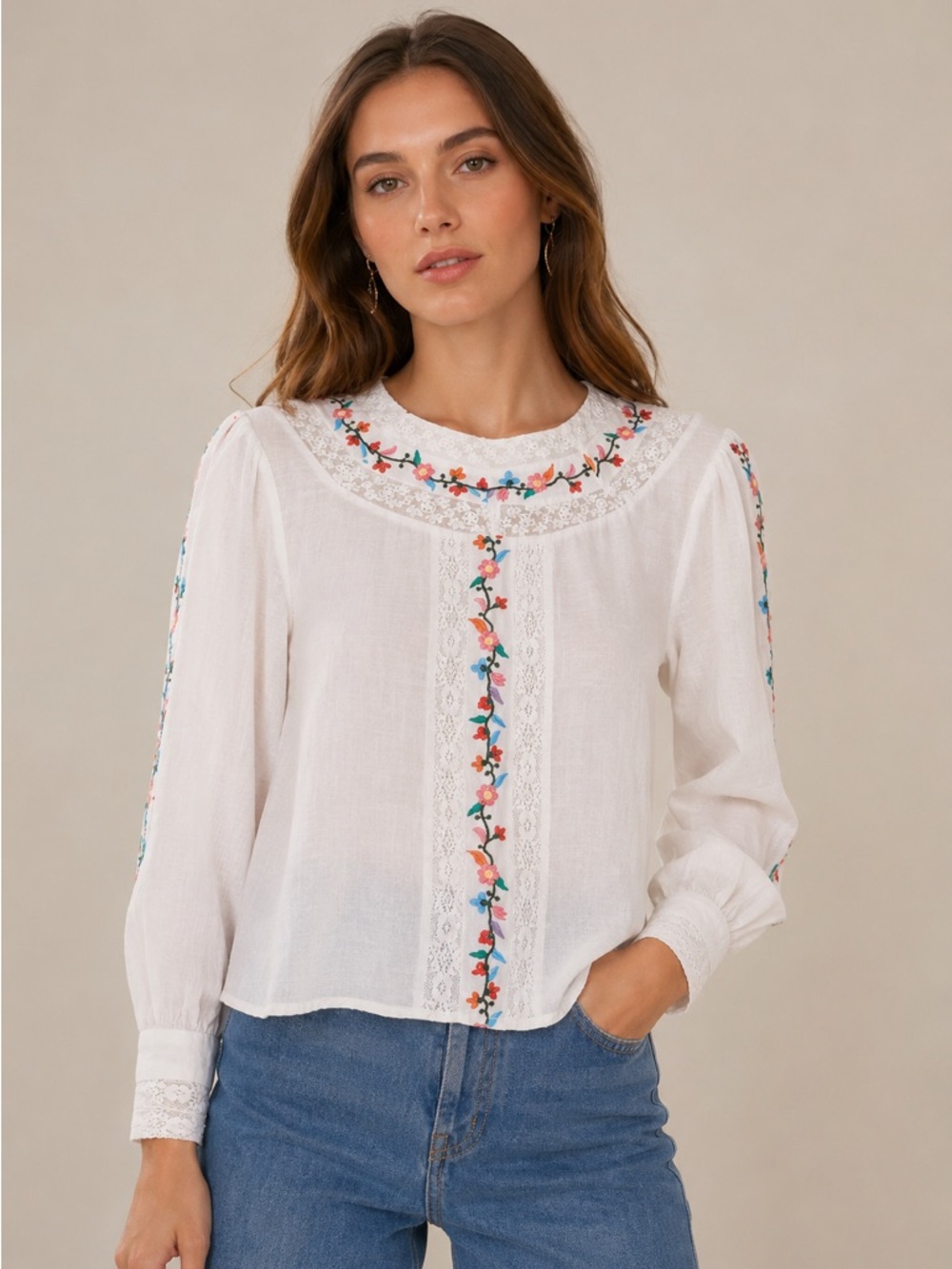 RIXO Rachel White Embroidered Floral Peasant Blouse
